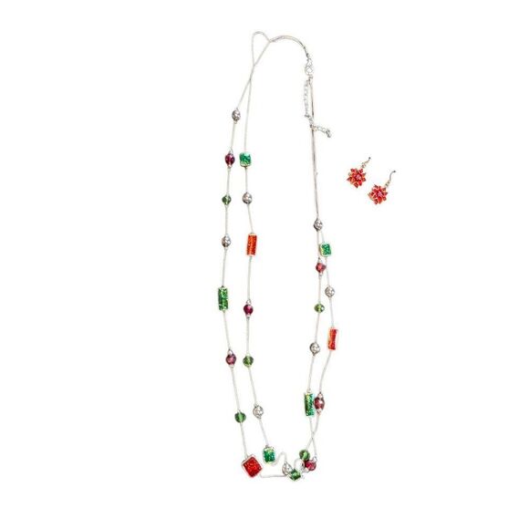 Festive Multicolor Beaded Necklace & Snowflake Earrings Set - Picture 6 of 9